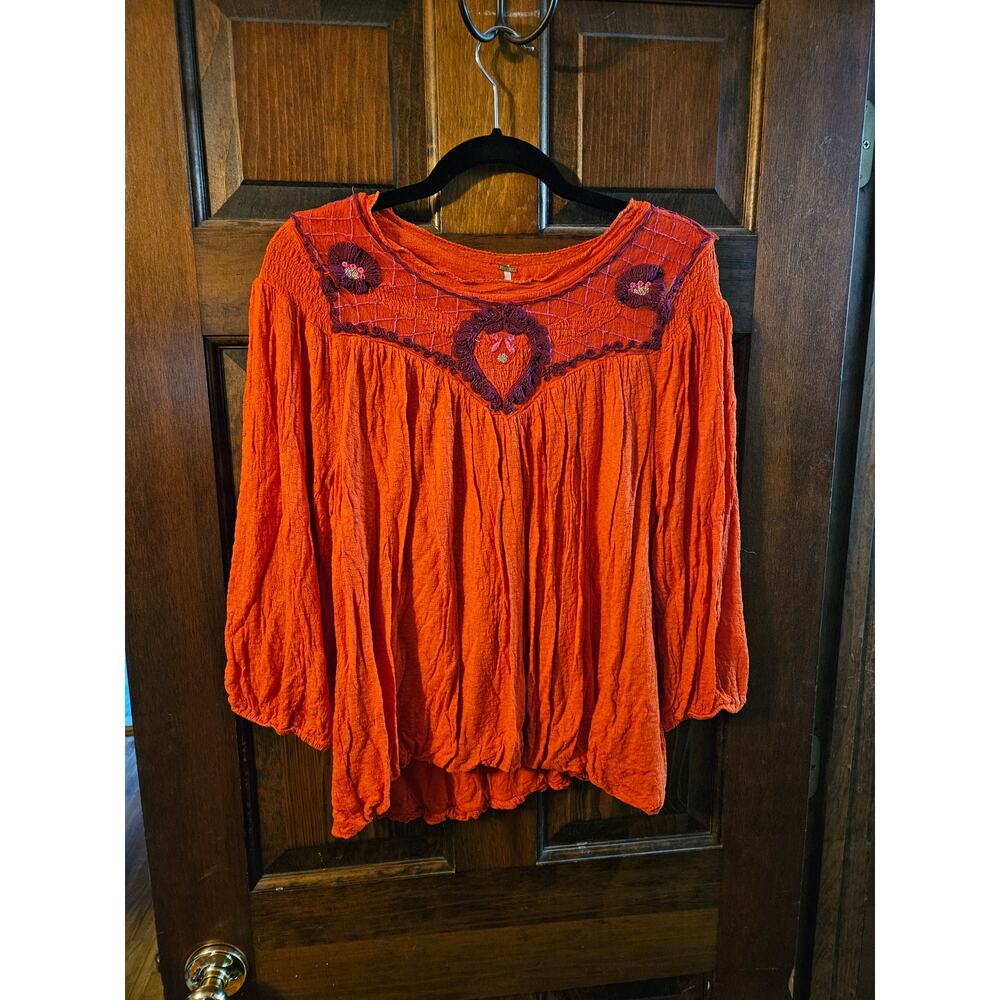 🪶 Free People Begonia Embroidered Seersucker Top Red Orange Sz L - Boho Cottage